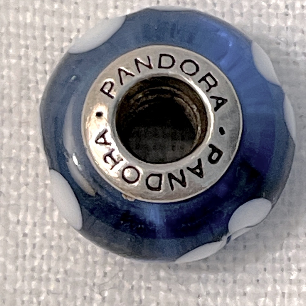 Authentic Pandora Retired Blue Murano with White Flowers - Picture 3 of 3